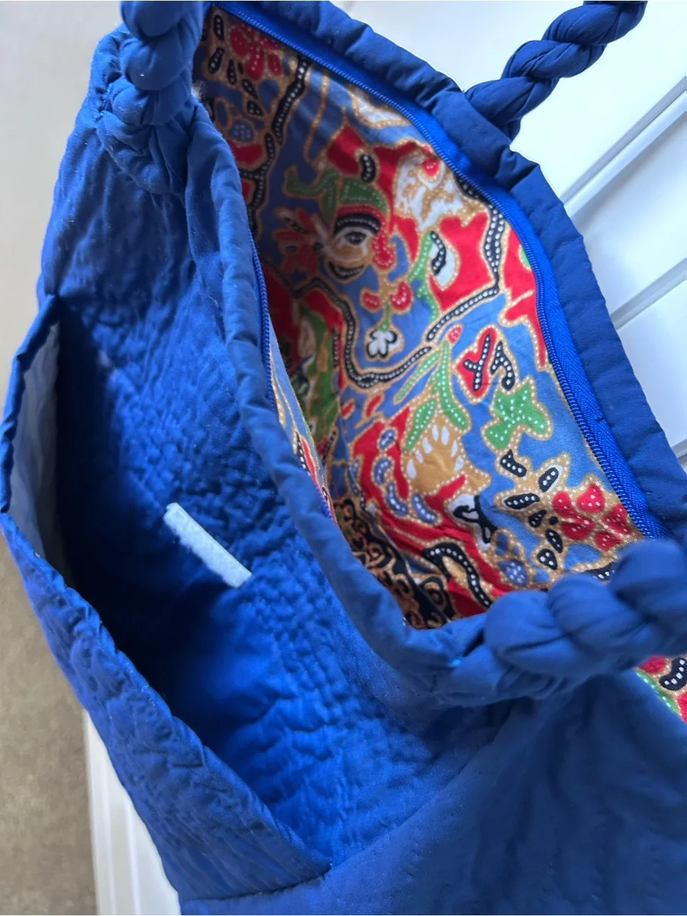 Classic Hawaiian Blue and White Floral Tote Bag - with braided strap
